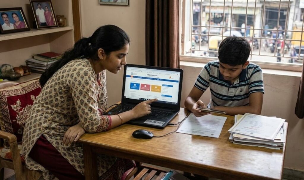An 18-year-old Indian girl and a 15-year-old boy sitting at a desk with a laptop and documents, applying for the Protean Scholarship 2026 on the Vidyasaarathi portal.
