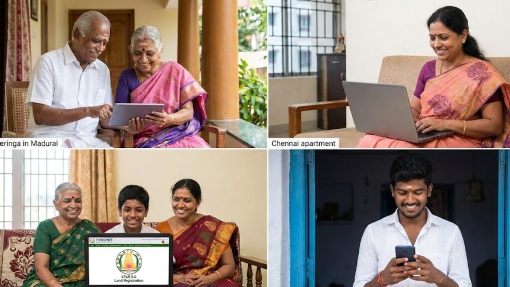A collage showing diverse Tamil people across different age groups—including an elderly couple, a woman, and a young man—happily using laptops and smartphones to complete land registration via the STAR 3.0 portal from the comfort of their homes.
