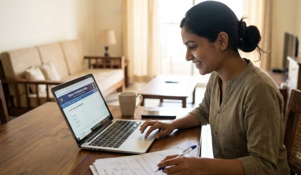 A young Indian woman sitting at home using a laptop to apply for a Voter ID online through the official government portal.