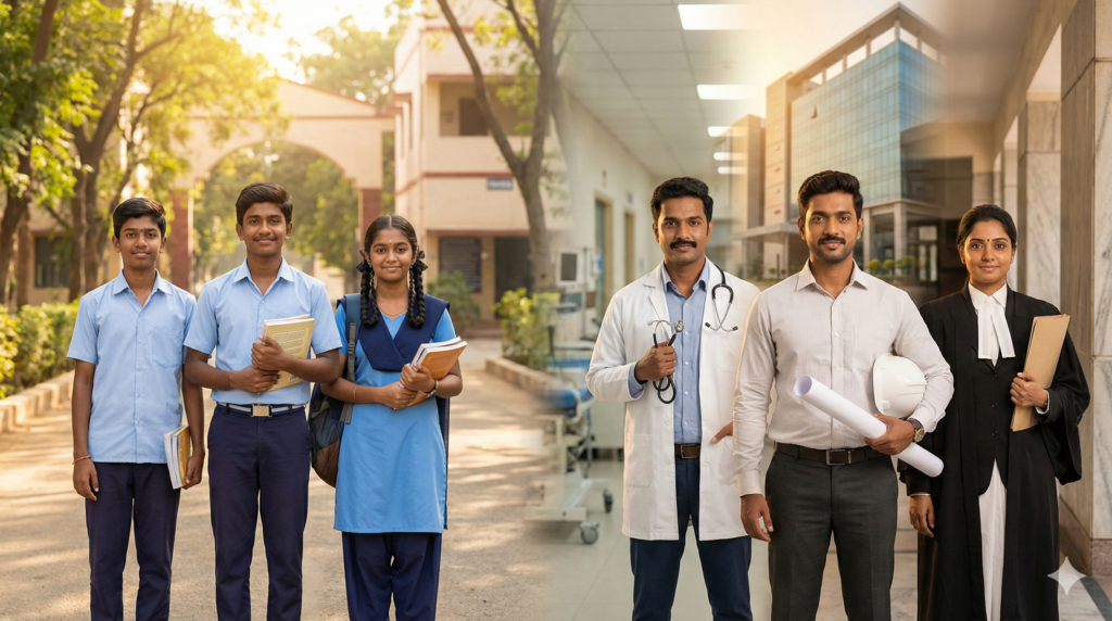 A wide 16:9 cinematic illustration depicting the life progression of three Tamil individuals. On the left side, two boys and one girl are shown as 12th-standard students in neat Indian school uniforms, standing in a sunlit school courtyard holding books with hopeful expressions. On the right side, the same three individuals appear as successful professionals in their late 20s: a male doctor in a white coat with a stethoscope, a male engineer in a formal shirt holding architectural plans and a hard hat, and a female lawyer in black robes and an advocate band. The background seamlessly transitions from a traditional school building to a modern corporate and hospital environment, with a warm, inspirational glow throughout.