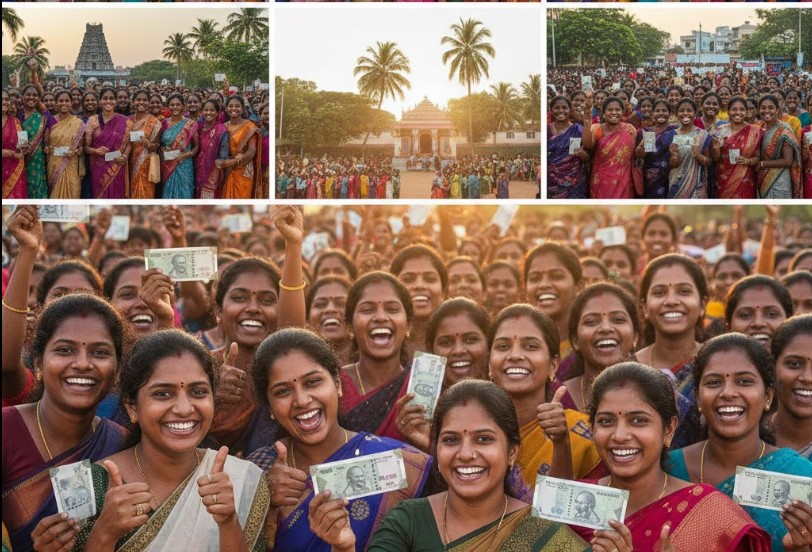 A collage of seven images showing a large group of smiling women in Tamil Nadu dressed in colorful sarees. They are holding up ₹1000 currency notes and giving thumbs-up gestures. In the background, there are banners in Tamil, a traditional temple gopuram, and palm trees under a warm, golden sunlight.