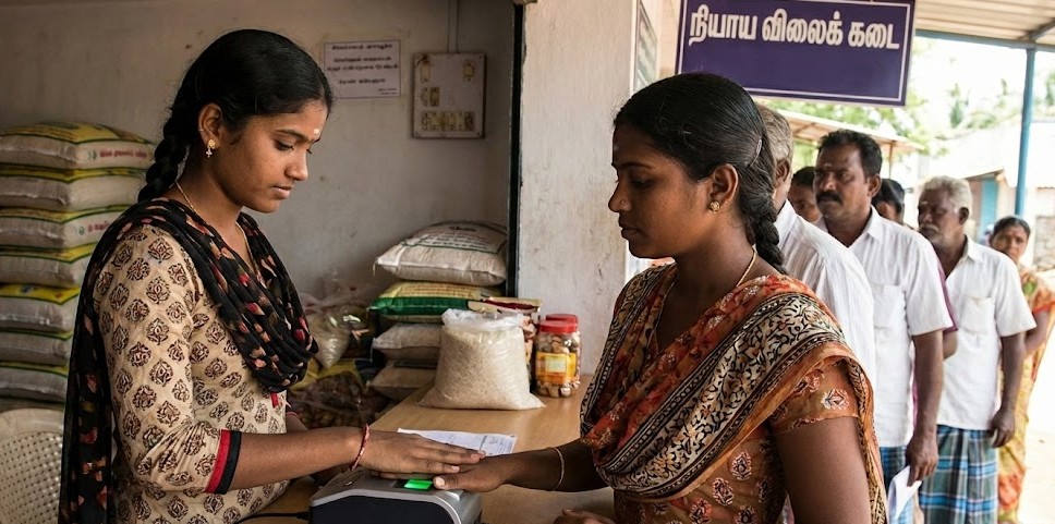 A young Tamil woman completing her fingerprint biometric scan at a local Ration Shop (Nyaya Vilaik Kadai) in Tamil Nadu for e-KYC authentication.