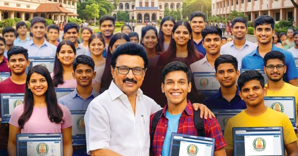 M.K. Stalin, Chief Minister of Tamil Nadu, shakes hands with a student while standing with a large group of college students, all holding government-issued laptops, in front of a university building.