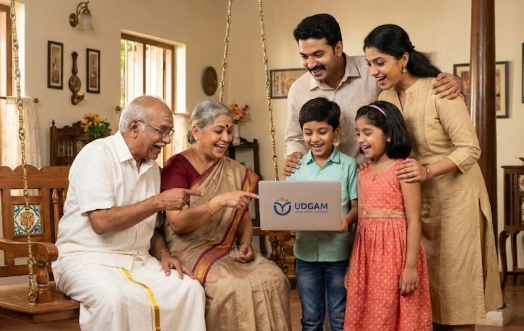 A joyful multi-generational South Indian family looking at a laptop displaying the RBI UDGAM portal logo, celebrating finding unclaimed deposits.