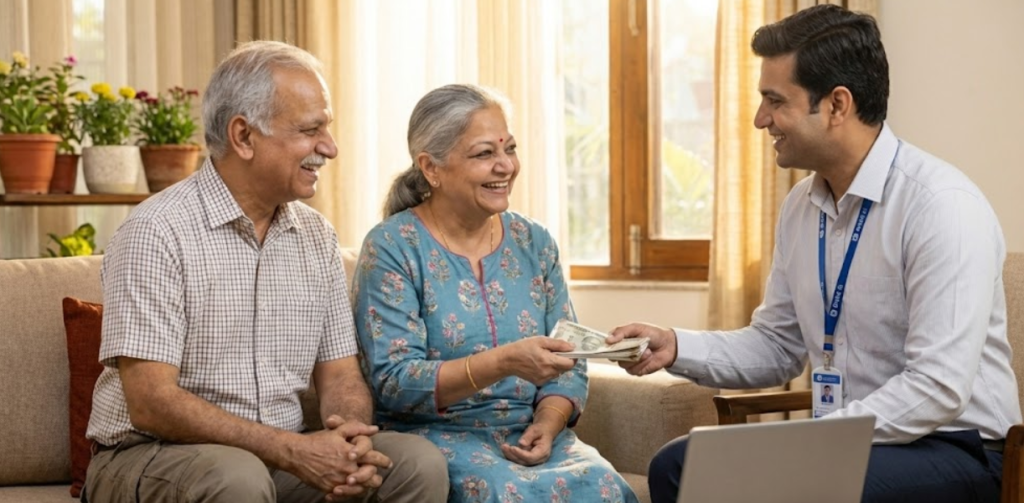 A smiling 60-year-old Indian couple sitting on a sofa in their living room, receiving a stack of Indian Rupee notes from a professional bank representative who is sitting across from them with a laptop.