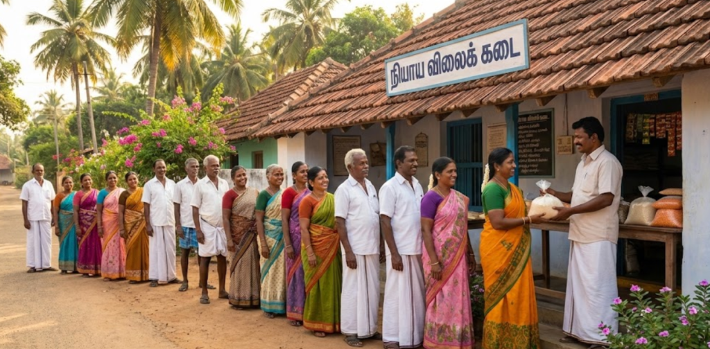 An image of a sunlit village in Tamil Nadu, featuring a traditional ration shop (Fair Price Shop) with a tiled roof and a sign in Tamil reading "நியாய விலைக் கடை" (Niyaya Vilaik Kadai). A long, orderly queue of local villagers—men in white veshtis and women in vibrant, colorful saris—stands along a dirt path. At the front of the line, a man is handing a bag of grains to a woman in a bright yellow and green sari, while large sacks of food supplies are visible inside the shop. The background is lush with palm trees and blooming pink flowers, capturing a peaceful, everyday rural scene.