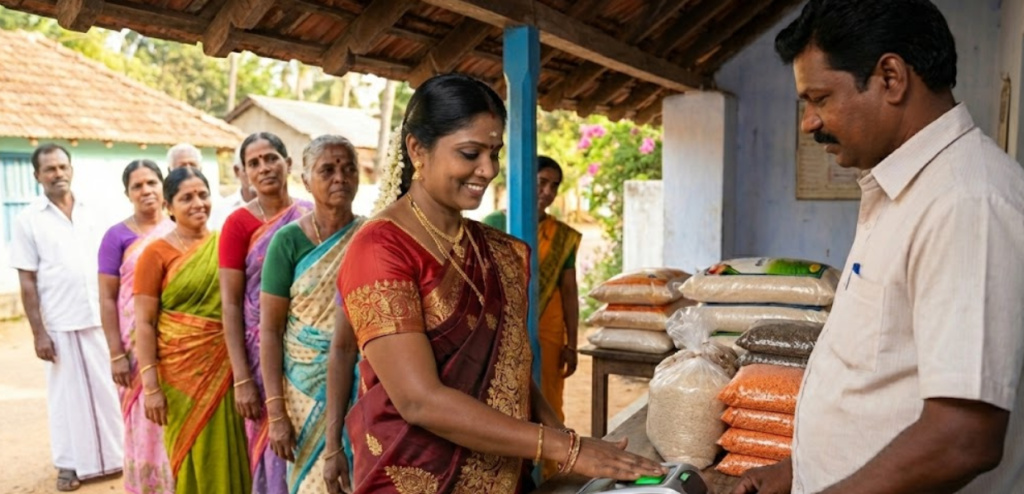 An image of an elegant 40-year-old Tamil woman smiling as she places her finger on a biometric scanner at a village ration shop. She is dressed beautifully in a rich maroon sari with gold patterns, adorned with traditional gold jewelry and fresh jasmine flowers in her neatly tied hair.

The scene is set under the rustic tiled roof of the shop, with the shopkeeper standing behind the counter and sacks of rice and pulses stacked nearby. In the background, a patient queue of villagers in traditional attire waits their turn, creating a warm and authentic atmosphere of rural life in Tamil Nadu.