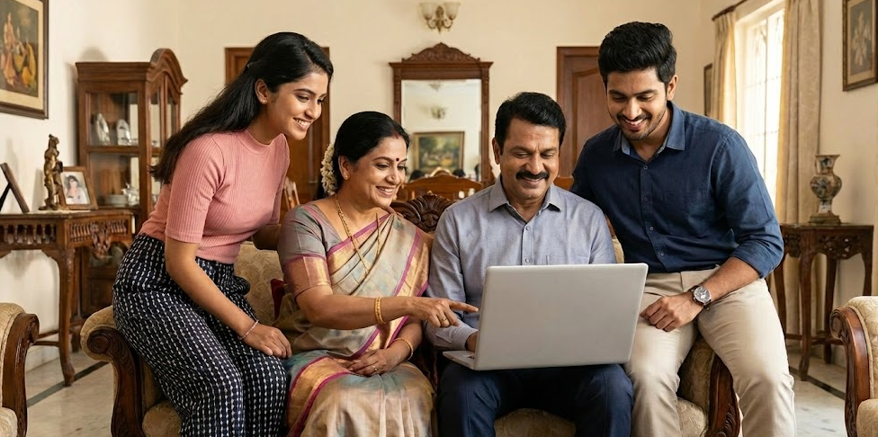 A stunning, elite Tamil family—including a father, mother, and two adult children—gathered in a luxurious, traditionally decorated living room. They are huddled together on a sofa, smiling and pointing at a laptop screen that is turned away from the viewer, making the contents of the screen invisible. The family members are elegantly dressed, and the home features ornate wooden furniture and sophisticated decor.