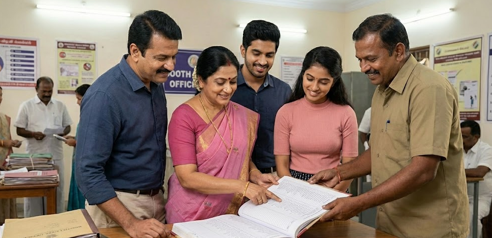 An elegant, elite Tamil family—consisting of a father, mother, and two adult children—visiting a Booth Level Officer (BLO) at a local government office. They are all smiling as the mother points to their names in a large, open paper voter register spread across a wooden table. The BLO, a man in a tan uniform, assists them while other officials and stacks of documents are visible in the background of the bright, official setting.