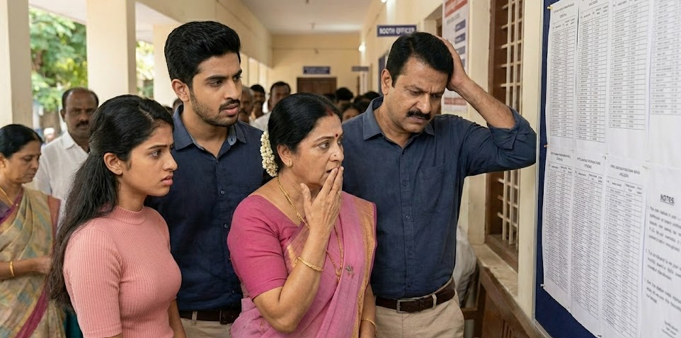 The elite Tamil family—father, mother, and two adult children—looking visibly shocked and distressed while standing in a hallway. They are staring at a large voter list posted on a bulletin board on the wall. The father has his hand on his head in frustration, the mother has her hand over her mouth in disbelief, and the children look on with worried, confused expressions as they realize their names are missing from the list.