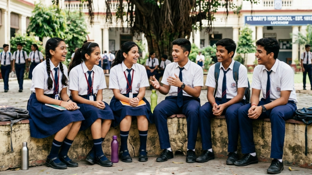 ​A group of six Indian high school students, three girls and three boys aged 14 to 16, sitting together on a low wall in a school courtyard. They are wearing matching navy blue and white uniforms with ties, laughing and engaging in a lively conversation. In the background, a large banyan tree and a traditional school building are visible under bright daylight.