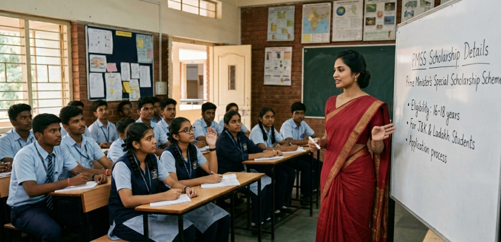 An elegant 26-year-old Indian teacher wearing a beautiful red saree stands in a bright classroom, explaining the Prime Minister