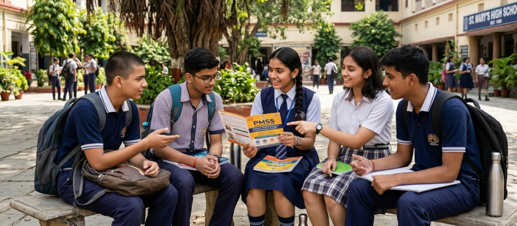 ​A group of five Indian high school students, aged 16, sitting on stone benches in a sunny school courtyard. They are holding and pointing to an orange and white PMSS scholarship pamphlet, discussing the application details together. The students are in blue school uniforms with backpacks, and the background features a large banyan tree and school buildings.