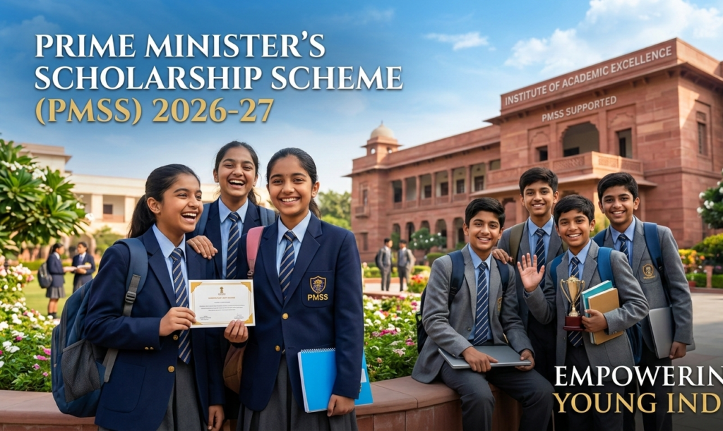 A group of happy Indian students in school uniforms standing in front of a grand academic building with text that says PM Scholarship 2026 - 2027 Apply Now.