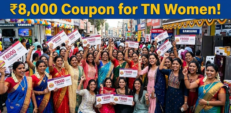 ₹8,000 Free Coupon for TN Women! DMK Manifesto 2026: Check Eligibility and Appliance List A group of happy women in Tamil Nadu holding ₹8,000 Illatharasi scheme vouchers in front of an electronics store.