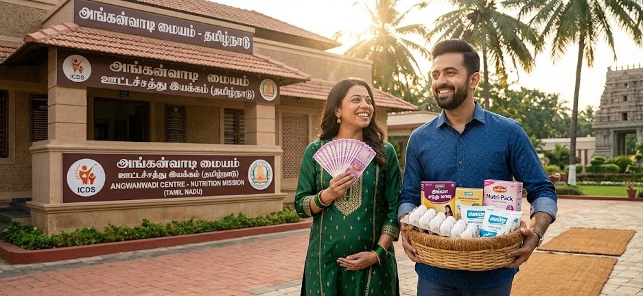 A cinematic and elegant scene in Tamil Nadu showing a stylish pregnant woman in a green embroidered tunic and her husband in a blue shirt walking away from a modern, well-maintained Anganwadi Center. The husband carries a large, high-quality nutrition kit basket filled with health supplements and eggs, while the wife holds a fan of ₹500 notes, representing the financial assistance from the Dr. Muthulakshmi Reddy Maternity Benefit Scheme. A traditional temple gopuram and palm trees are visible in the golden hour background.