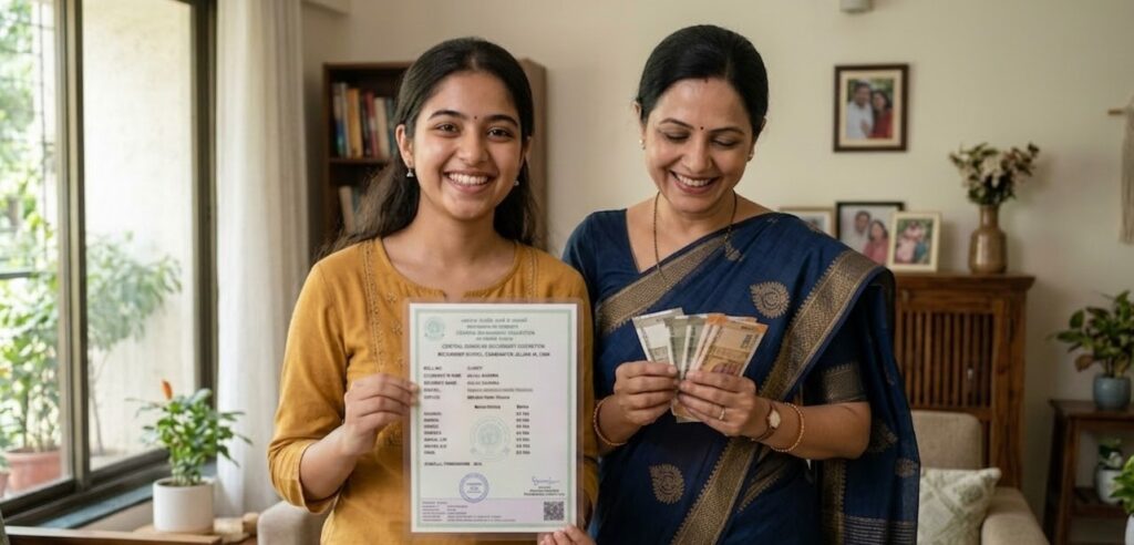 LIC Bima Sakhi Mahila Career Agent: Get ₹7,000 Stipend & Apply Online A powerful image of financial empowerment within a family home. A 22-year-old Indian woman, symbolizing a new Bima Sakhi (Mahila Career Agent), holds up her detailed 10th-grade marksheet (the qualification required for the scheme). She is smiling proudly at the camera. Standing beside her, her mother, a modern Indian woman in a blue saree, is shown looking down happily as she counts a stack of Indian Rupee cash (rewards from the scheme). The image celebrates education leading directly to financial rewards for women.