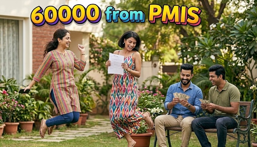 A joyful group of modern Indian adults celebrating after a successful PM Internship Scheme 2026 application. Two young women jump with an offer letter in hand, while two men count cash, representing the ₹66,000 annual stipend (₹5,000 monthly plus ₹6,000 grant) that can be secured by following an application and eligibility guide