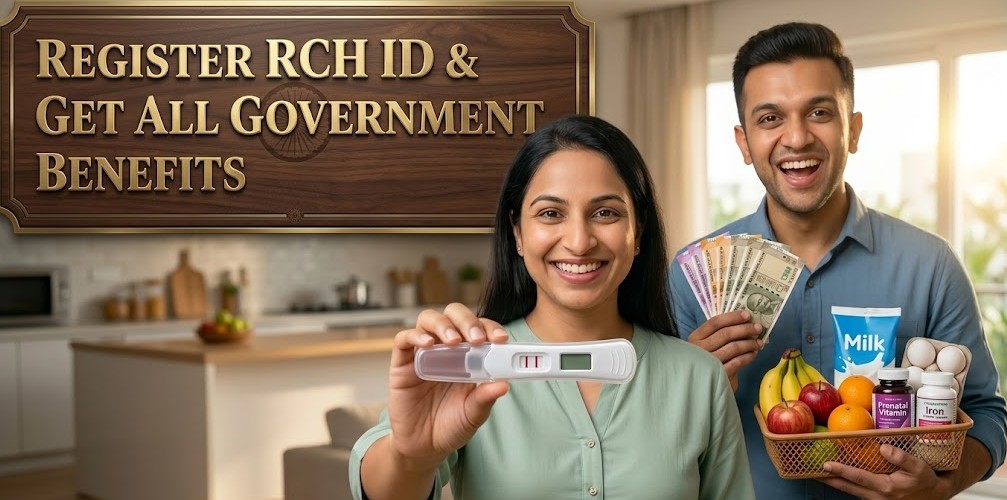 RCH ID Registration 2026: Complete Guide to Online & Offline Process for Pregnant Women in India A happy Indian couple holding a positive pregnancy test, a bundle of Indian Rupee notes, and a nutrition basket. A professional gold-lettered sign reads, "Register RCH ID & Get All Government Benefits.