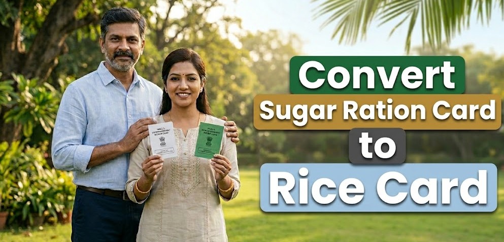 How to Convert Sugar Ration Card to Rice Card (Online & Offline) | 2026 Full Guide A professional cinematic image of a smiling Indian couple in a garden, holding a white sugar ration card and a green rice ration card, with text explaining how to convert between the two