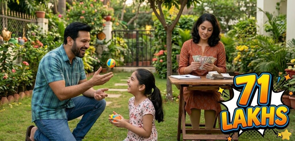 Sukanya Samriddhi Yojana 2026: How ₹1.5 Lakh Yearly Becomes ₹71 Lakhs (Full Guide) An Indian family in their backyard with a father playing with his daughter while the mother counts cash, featuring a comic-style '71 LAKHS' text to represent the SSY maturity amount.