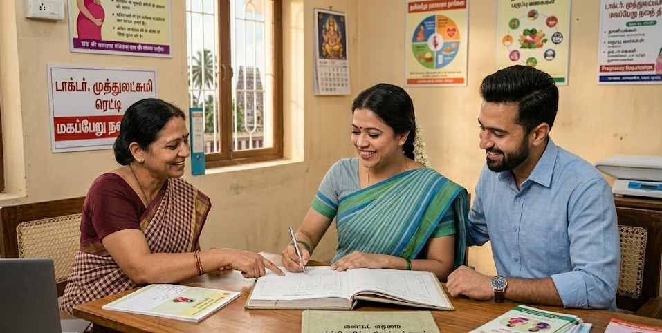 A smiling pregnant woman in a simple cotton saree and her husband in a blue button-down shirt sit at a wooden desk in a Tamil Nadu Anganwadi center. An Anganwadi worker in a maroon checkered saree guides them as the woman signs a registration ledger. The room is decorated with Tamil healthcare posters, including one for the Dr. Muthulakshmi Reddy Maternity Benefit Scheme, with a traditional temple visible through the window