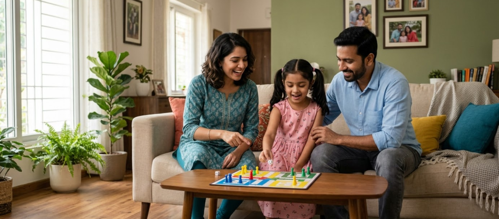Sukanya Samriddhi Yojana 2026: How ₹1.5 Lakh Yearly Becomes ₹71 Lakhs (Full Guide) A happy Indian family with a young daughter playing a board game at home, representing the financial peace of mind provided by the Sukanya Samriddhi Yojana scheme.