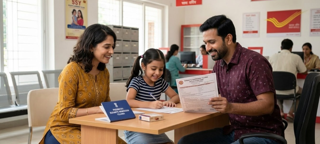 Sukanya Samriddhi Yojana 2026: How ₹1.5 Lakh Yearly Becomes ₹71 Lakhs (Full Guide) An Indian couple with their young daughter, smiling as they open a Sukanya Samriddhi Yojana account at a post office.