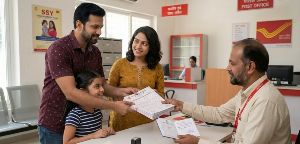 Sukanya Samriddhi Yojana 2026: How ₹1.5 Lakh Yearly Becomes ₹71 Lakhs (Full Guide) An Indian family submitting the required documents and application form to a post office official for opening a Sukanya Samriddhi Yojana (SSY) account.
