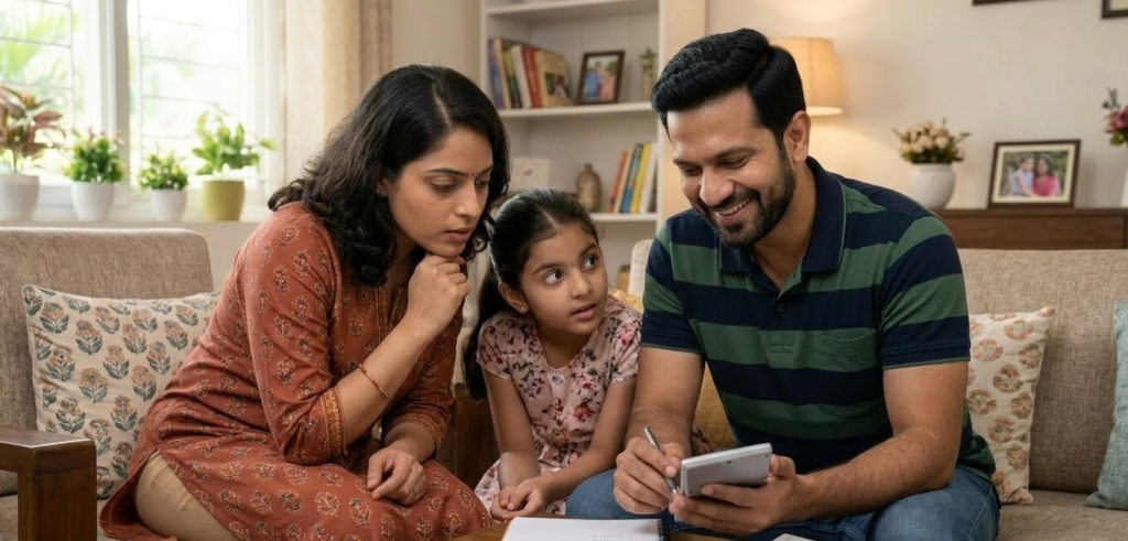 Sukanya Samriddhi Yojana 2026: How ₹1.5 Lakh Yearly Becomes ₹71 Lakhs (Full Guide) An Indian father happily calculating the high interest and maturity returns of the Sukanya Samriddhi Yojana for his daughter as his family watches curiously at home