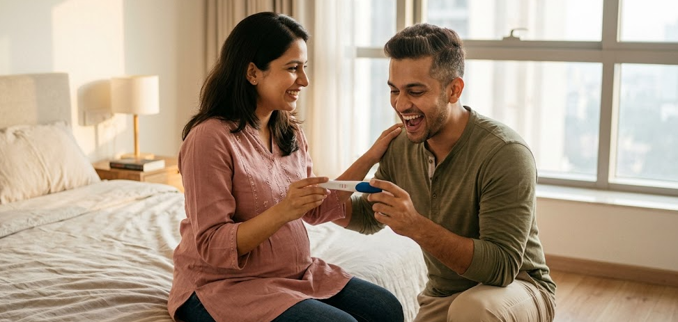 RCH ID Registration 2026: Complete Guide to Online & Offline Process for Pregnant Women in India A modern Indian couple in a bright, minimalist bedroom celebrating a positive pregnancy test; the woman holds the test kit showing two lines while her husband reacts with excitement, representing the first step toward RCH ID registration in India.