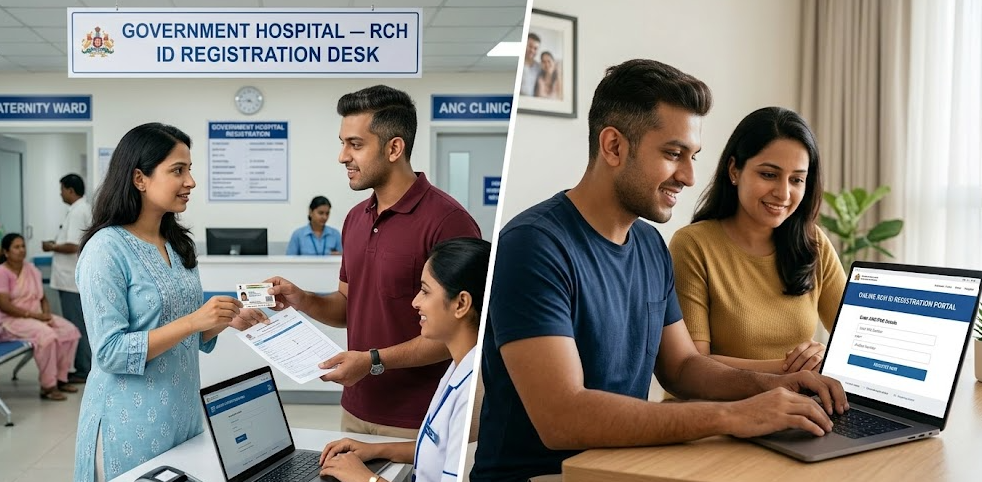 RCH ID Registration 2026: Complete Guide to Online & Offline Process for Pregnant Women in India A young South Asian couple is seen in two separate panels separated by a diagonal white line. In the left panel, the couple stands at a hospital desk, with the woman holding up her ID card to a staff member. A sign above them reads "GOVERNMENT HOSPITAL — RCH ID REGISTRATION DESK," while other signs say "MATERNITY WARD" and "ANC CLINIC." In the right panel, the couple is sitting together at a desk, with the man typing on a laptop with the screen visible, and both of them smiling at the screen. The entire image has a high-resolution, photo-realistic quality and is free of clutter.