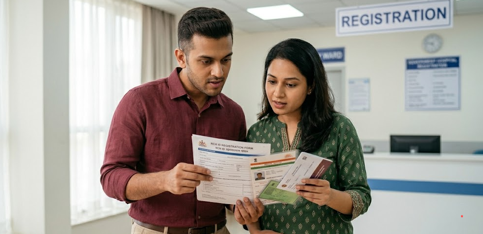 RCH ID Registration 2026: Complete Guide to Online & Offline Process for Pregnant Women in India A modern Indian couple looking curiously at a set of documents, including an RCH ID registration form, Aadhaar card, and bank passbook. They are standing in a clean, professional government registration office, preparing their paperwork for the application process.