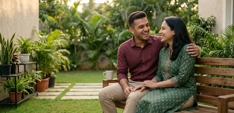 RCH ID Registration 2026: Complete Guide to Online & Offline Process for Pregnant Women in India A happy young Indian couple sitting peacefully on a wooden bench in a lush green backyard, sharing a joyful conversation. The scene represents the peace of mind that comes with completing the RCH ID registration and health planning.