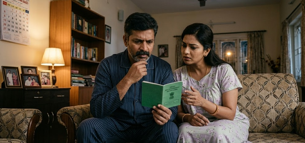 How to Convert Sugar Ration Card to Rice Card (Online & Offline) | 2026 Full Guide A middle-aged Indian couple in nightwear sitting in their living room, looking confused while examining a green sugar ration card and government documents, representing the need to convert to a rice card