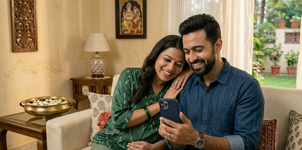 A young, pregnant Indian woman in a modern green patterned tunic and her husband in a denim-style button-down shirt sit comfortably on a sofa in their well-lit home. They are both looking at a smartphone held by the husband with joyful smiles, though the screen is turned away from the viewer. The warm, domestic setting includes traditional Tamil accents like a brass bowl of flowers and a framed deity on the wall, symbolizing a modern family using the PICME app (Pregnancy and Infant Cohort Monitoring and Evaluation) to track their maternity journey and benefits.