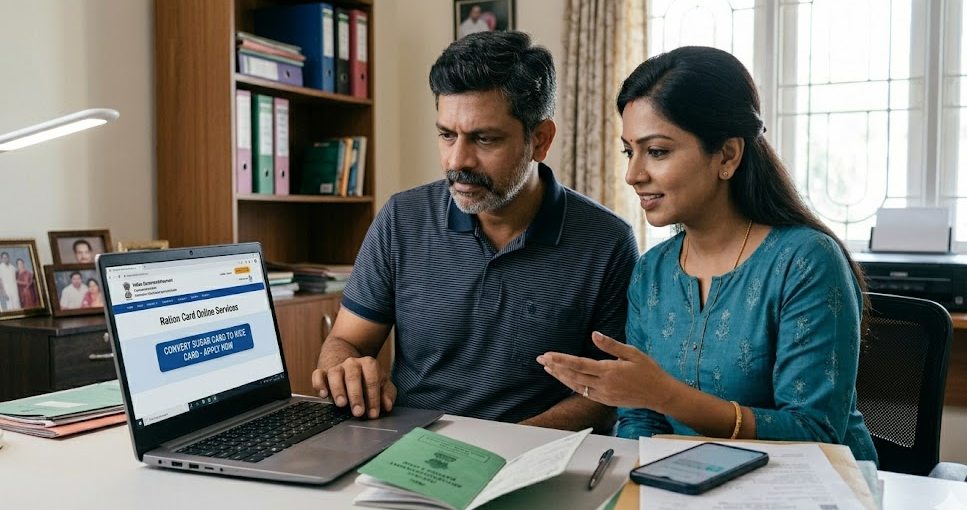 How to Convert Sugar Ration Card to Rice Card (Online & Offline) | 2026 Full Guide A middle-aged Indian couple sitting at a desk with a laptop, focused on a government portal for Ration Card Online Services to convert their sugar card to a rice card