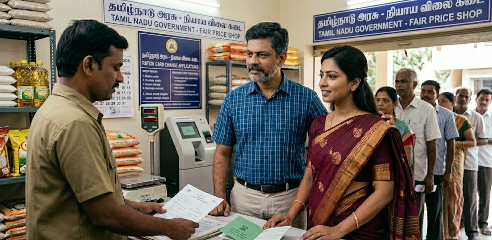 How to Convert Sugar Ration Card to Rice Card (Online & Offline) | 2026 Full Guide An Indian couple submitting their application at a Tamil Nadu Government Fair Price Shop (Ration Shop) to convert their sugar ration card to a rice card, with Tamil signage visible in the background