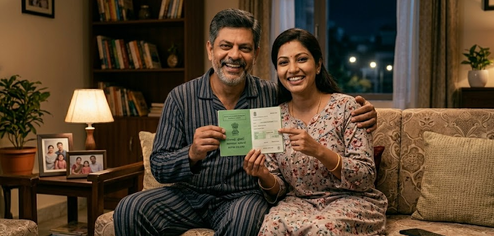 How to Convert Sugar Ration Card to Rice Card (Online & Offline) | 2026 Full Guide A happy Indian couple in nightwear sitting in their living room, smiling and holding their successfully converted rice ration card, showing the positive result of following the 2026 application guide
