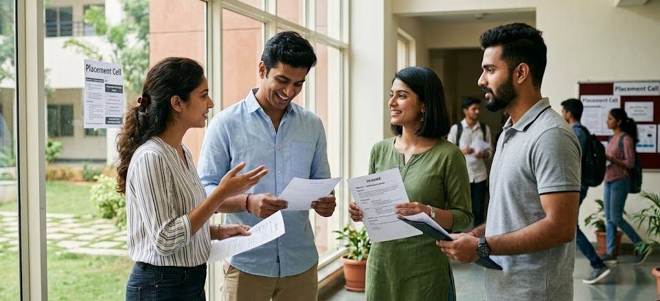 A group of young, modern Indian students aged 22 standing in a university placement cell, holding resumes and discussing career opportunities related to the PM Internship Scheme 2026