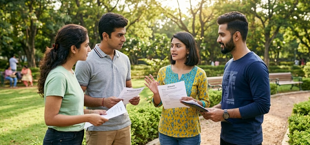 In a sunny park, a group of modern Indian students aged 22 discuss the PM Internship Scheme 2026. A young woman in a yellow patterned kurta explains the online application process and the ₹66,000 annual stipend (₹5,000 monthly plus ₹6,000 grant) to her peers, who are holding their resumes and listening intently.