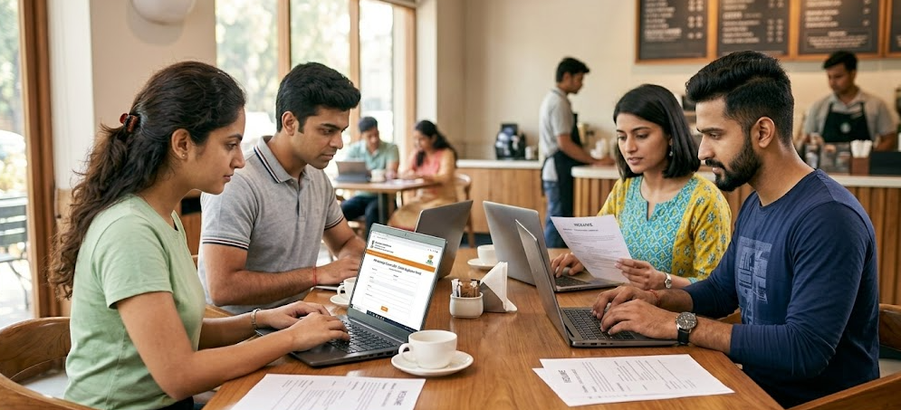 Four modern Indian students in a clean, natural coffee shop setting, focused on their laptops as they apply online for the PM Internship Scheme 2026. They are using their resumes to fill out eligibility details on the official portal to secure the ₹66,000 annual stipend