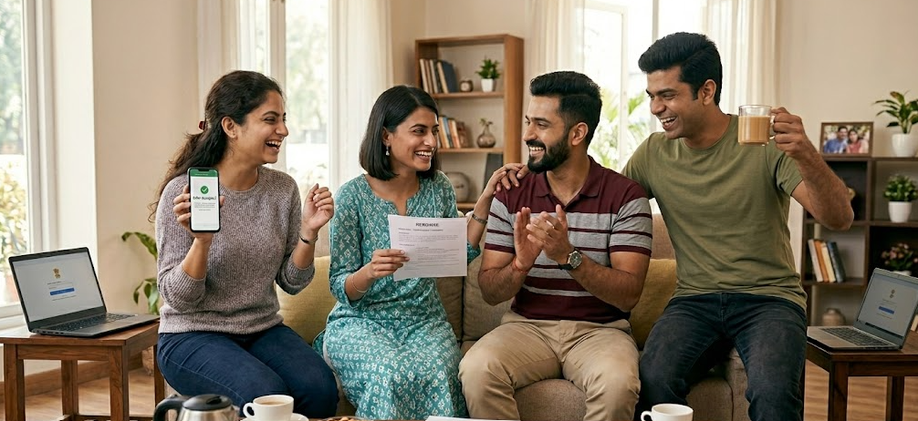 A joyful group of young Indian adults celebrating the success of a PM Internship Scheme 2026 application. A young woman shows a success confirmation screen on her smartphone, while another peer holds the offer letter. The collaborative scene highlights the outcome of following an application and eligibility guide to secure the stipend.