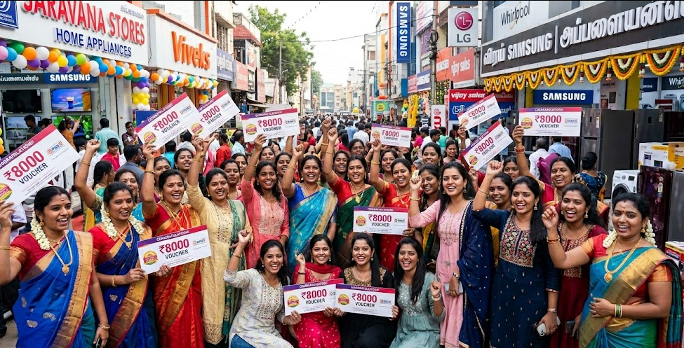 ₹8,000 Free Coupon for TN Women! DMK Manifesto 2026: Check Eligibility and Appliance List A large, joyful group of Tamil women aged 25–35, dressed in colorful sarees, salwars, and modern outfits, celebrating in a bustling market surrounded by home appliance shops. They are waving white vouchers labeled "₹8000" in the air. At the top of the image, a bold blue header reads "₹8,000 Coupon for TN Women!" reflecting the DMK 2026 Manifesto promise for free household appliances.