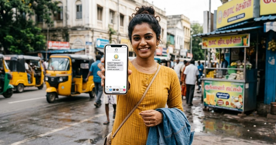 ₹8,000 Free Coupon for TN Women! DMK Manifesto 2026: Check Eligibility and Appliance List A young Tamil woman, aged 24, standing on a street in Tamil Nadu, smiling as she holds her smartphone toward the camera. The phone screen displays a text message notification showing a credit of ₹2,000 as a direct benefit transfer from the government. She is dressed in a modern yellow outfit and holding a denim jacket, symbolizing the successful receipt of government financial aid.