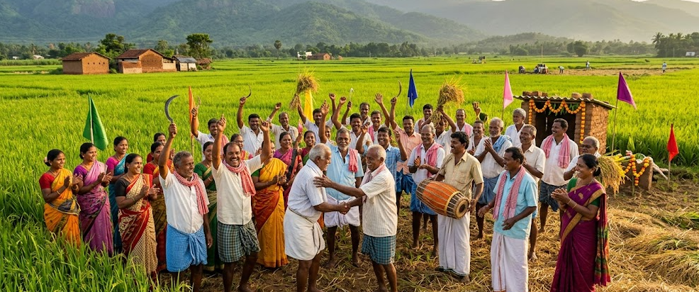 ₹8,000 Free Coupon for TN Women! DMK Manifesto 2026: Check Eligibility and Appliance List A large, joyful crowd of Indian farmers, both men and women in traditional sarees and dhotis, celebrates in a vibrant, green agricultural field during the golden hour. The community is raising their hands in cheer, waving colorful flags, and playing a traditional