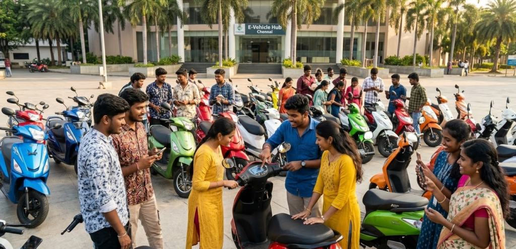 Tamil Nadu ₹20,000 E-Scooter Subsidy 2026: Eligibility, Benefits, and Online Registration A group of diverse men and women in Tamil Nadu, including elderly citizens and women in colorful sarees, stand happily in a public square with their new electric scooters. They are all raising their keys and smiling. In the background, a prominent official sign reads: