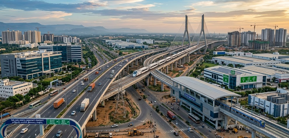 ₹8,000 Free Coupon for TN Women! DMK Manifesto 2026: Check Eligibility and Appliance List An aerial perspective of a sprawling urban landscape and massive infrastructure project in Tamil Nadu, including a multi-lane highway, an elevated metro rail system, and extensive manufacturing facilities. This scene, marked by modern Tidel Park buildings, symbolizes the overall vision of development and economic growth detailed in the DMK 2026 Manifesto, which includes social welfare programs like the ₹8,000 free household appliance coupon scheme for Tamil Nadu women. The integration of industry and social welfare is a central theme of the upcoming election