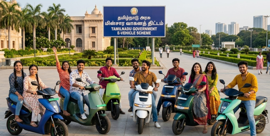 Tamil Nadu ₹20,000 E-Scooter Subsidy 2026: Eligibility, Benefits, and Online Registration A wide-angle 16:9 photograph featuring a group of 10 young Tamil men and women, aged approximately 22, sitting on modern electric scooters in an open city plaza. The individuals are dressed in stylish contemporary outfits, including floral kurtis, patterned shirts, and trendy casual wear. They are posing happily, with some waving and others smiling warmly at the camera.
The electric scooters are sleek and come in various matte and glossy finishes like forest green, navy blue, white, and seafoam green. In the background, set at a distance, is a large blue official signboard with the Tamil Nadu State Government seal, featuring text in both Tamil and English that reads: "TAMILNADU GOVERNMENT E-VEHICLE SCHEME." The setting includes a majestic heritage building and manicured gardens under a clear, bright sky.