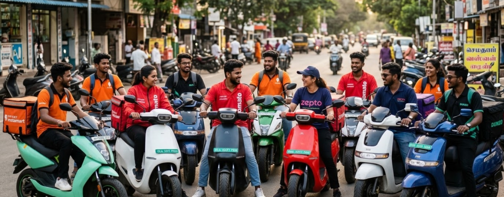 Tamil Nadu ₹20,000 E-Scooter Subsidy 2026: Eligibility, Benefits, and Online Registration A wide-angle 16:9 lifestyle photograph capturing a group of 12 stylish Tamil men and women, aged around 25, posing on a variety of modern electric scooters on a bustling Chennai street. The group is dressed in the recognizable branded uniforms of major Indian delivery services, including the orange of Swiggy, the bright red of Zomato, the deep blue of Zepto, and the green and black of Dunzo.
The delivery partners are shown smiling and chatting with one another, sitting confidently on their sleek e-scooters which feature colors like matte black, pearl white, and vibrant blue. Many of the scooters are equipped with delivery thermal bags on the back. The background shows a typical urban Tamil Nadu setting with local shop signs in Tamil and a warm, late-afternoon glow illuminating the scene.
